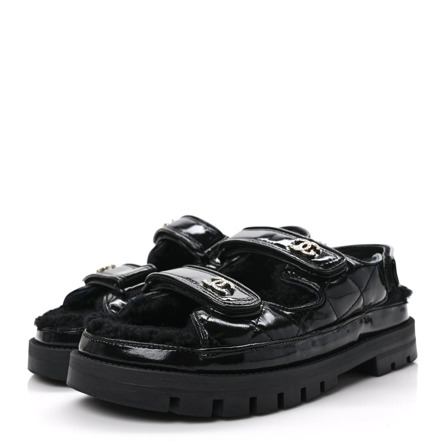 Laminated Lambskin Shearling Crystal CC Velcro Dad Platform Sandals 38 Black