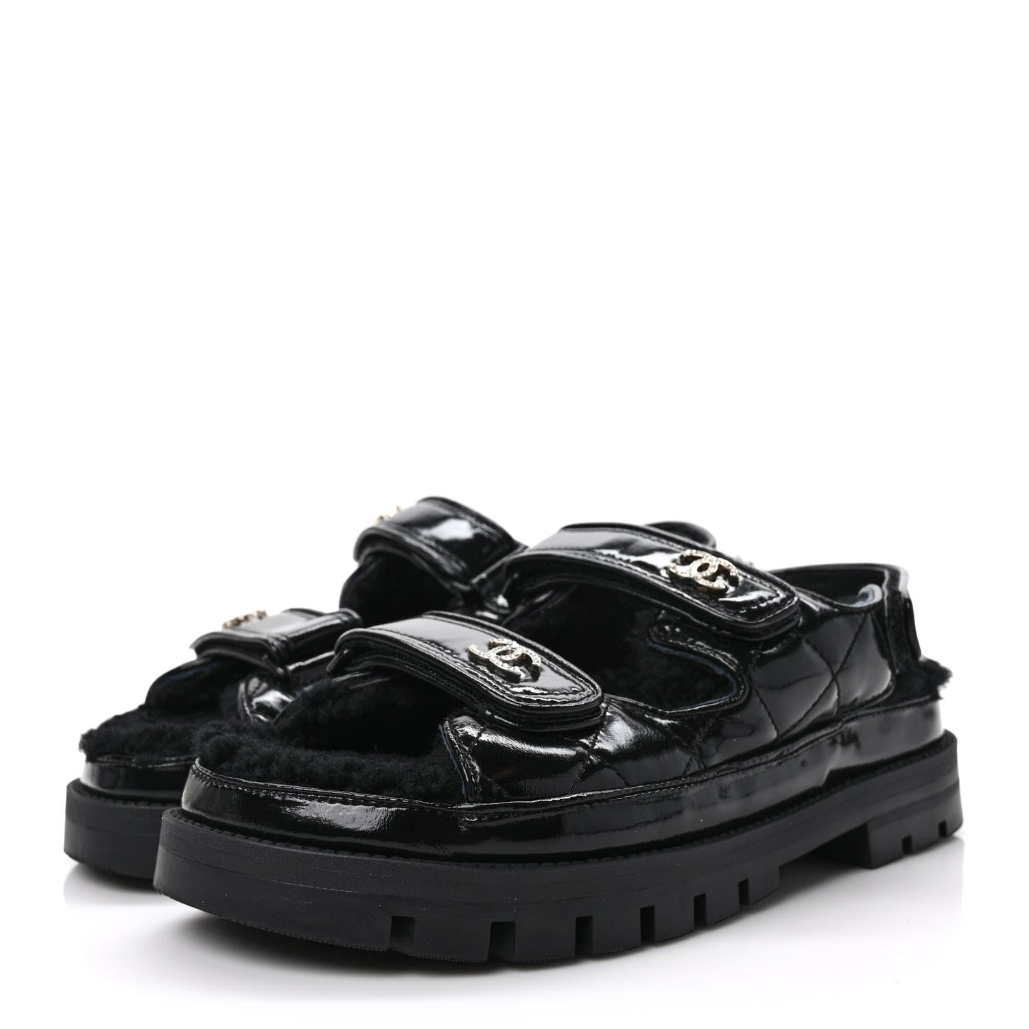 Chanel Laminated Lambskin Shearling Crystal CC Velcro Dad Platform Sandals 38 Black 3 of 8