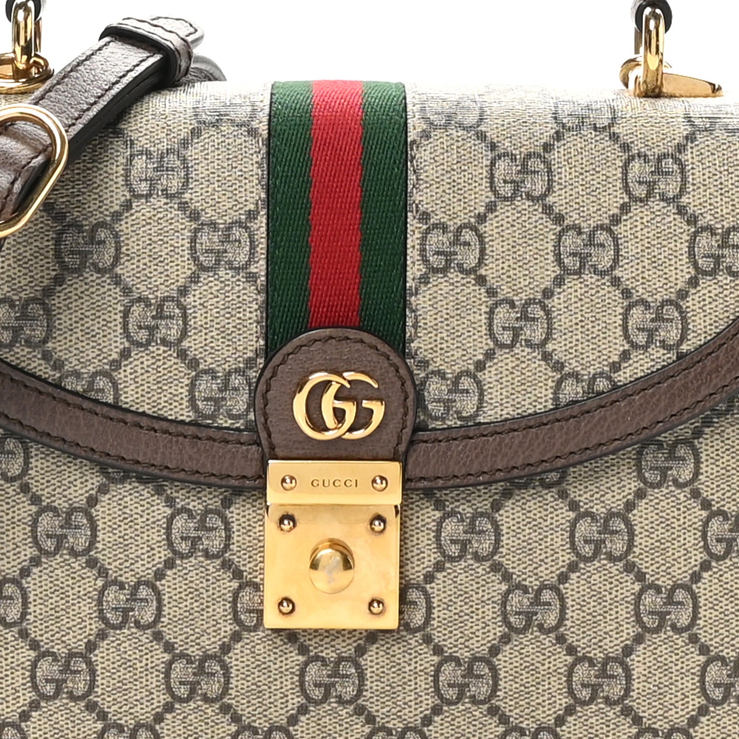 GG Supreme Monogram Textured Dollar Calfskin Web Small Ophidia Padlock Top Handle Bag Beige Ebony New Acero