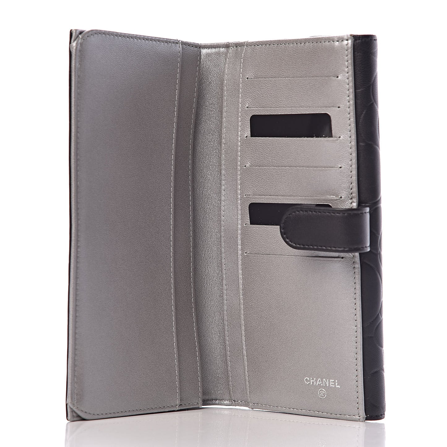 Lambskin Camellia Embossed Long Double Wallet Black