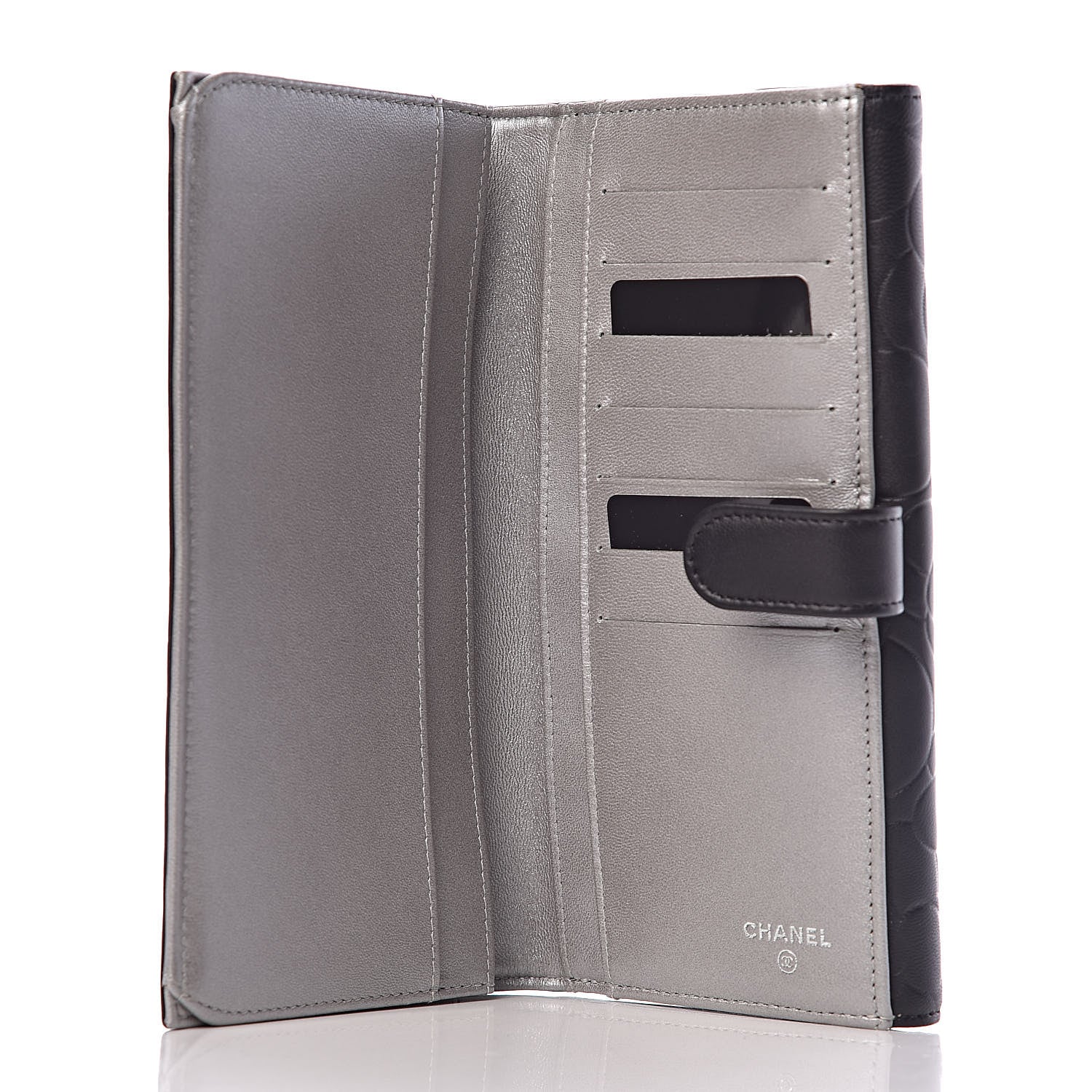 Chanel Lambskin Camellia Embossed Long Double Wallet Black 5 of 9