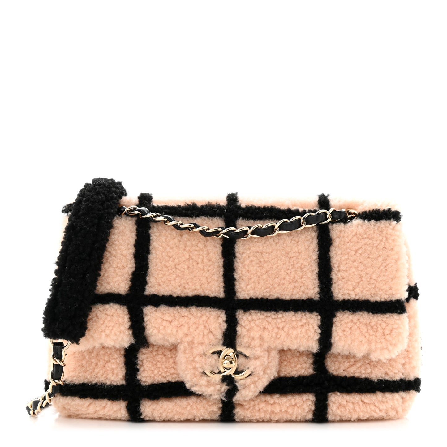 Shearling Lambskin Large Fluffy Tartan Single Flap Pink Black