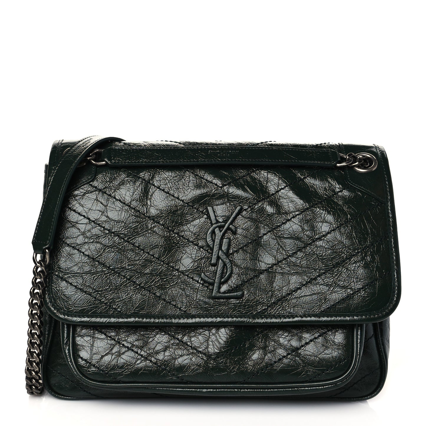 Crinkled Calfskin Matelasse Monogram Medium Niki Chain Satchel Military Olive