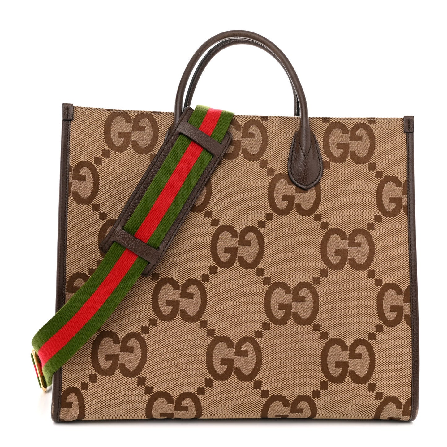 Monogram Jumbo GG Textured Dollar Calfskin Web Tote Bag Camel Ebony New Acero