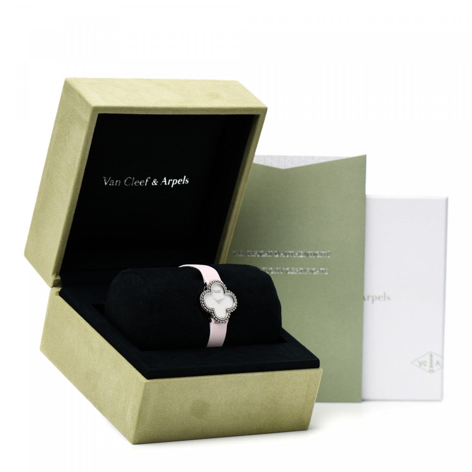 Van Cleef & Arpels 18K White Gold Satin Mother of Pearl 26mm Alhambra Quartz Watch Pink 5 of 5