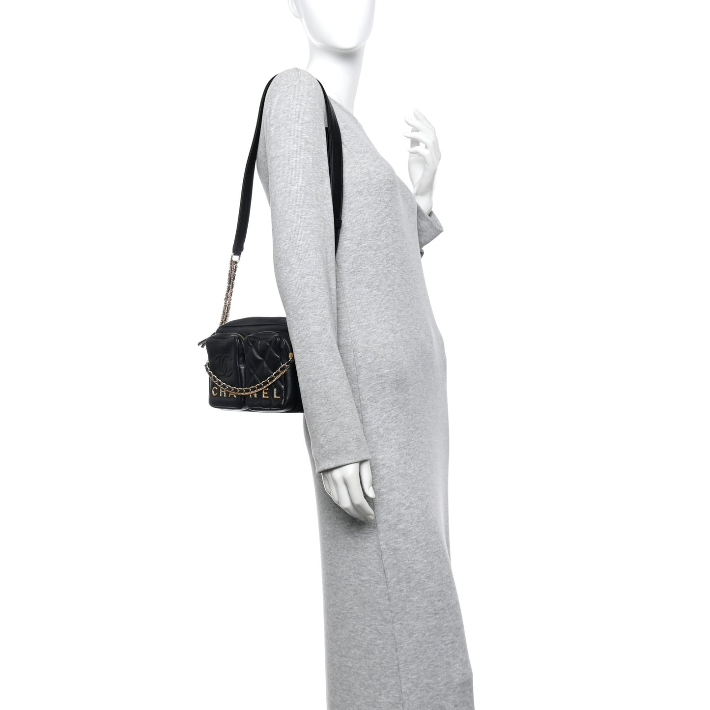 Calfskin Quilted Large Camera Case Black