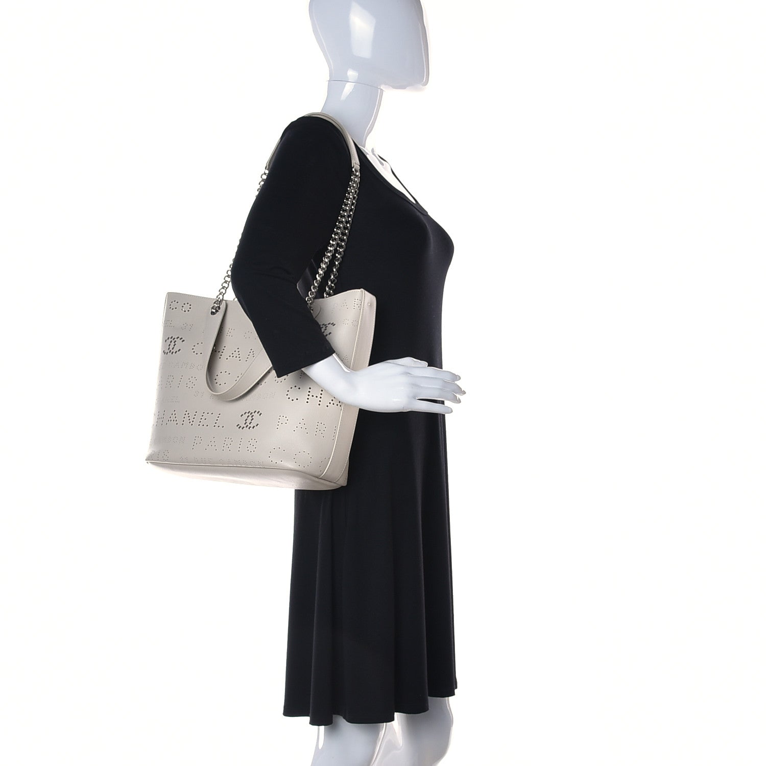 Chanel Calfskin Tweed Small Logo Eyelets Shopping Tote Beige 3 of 13
