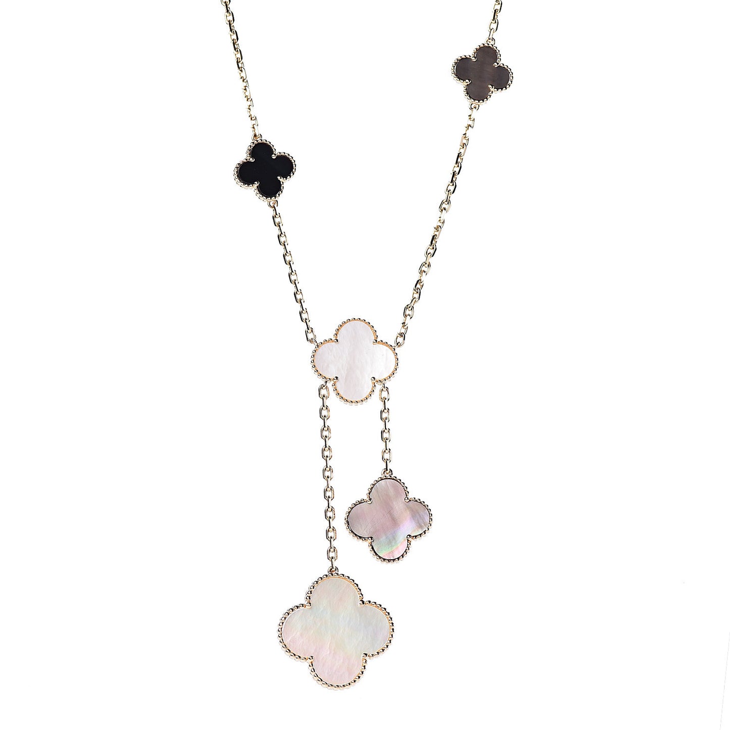 18K Yellow Gold Mother of Pearl Onyx 6 Motifs Magic Alhambra Necklace