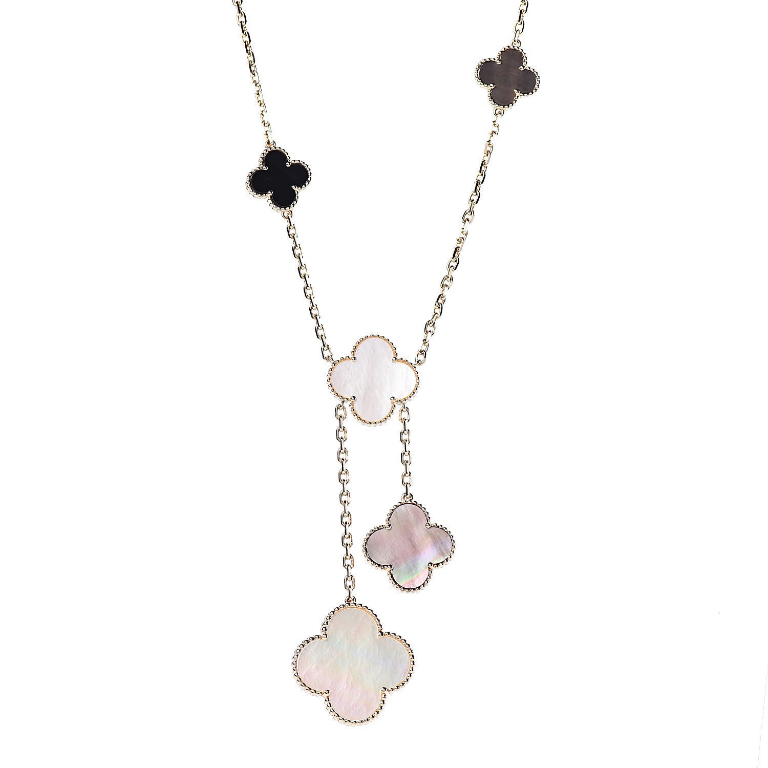 Van Cleef & Arpels 18K Yellow Gold Mother of Pearl Onyx 6 Motifs Magic Alhambra Necklace 4 of 7