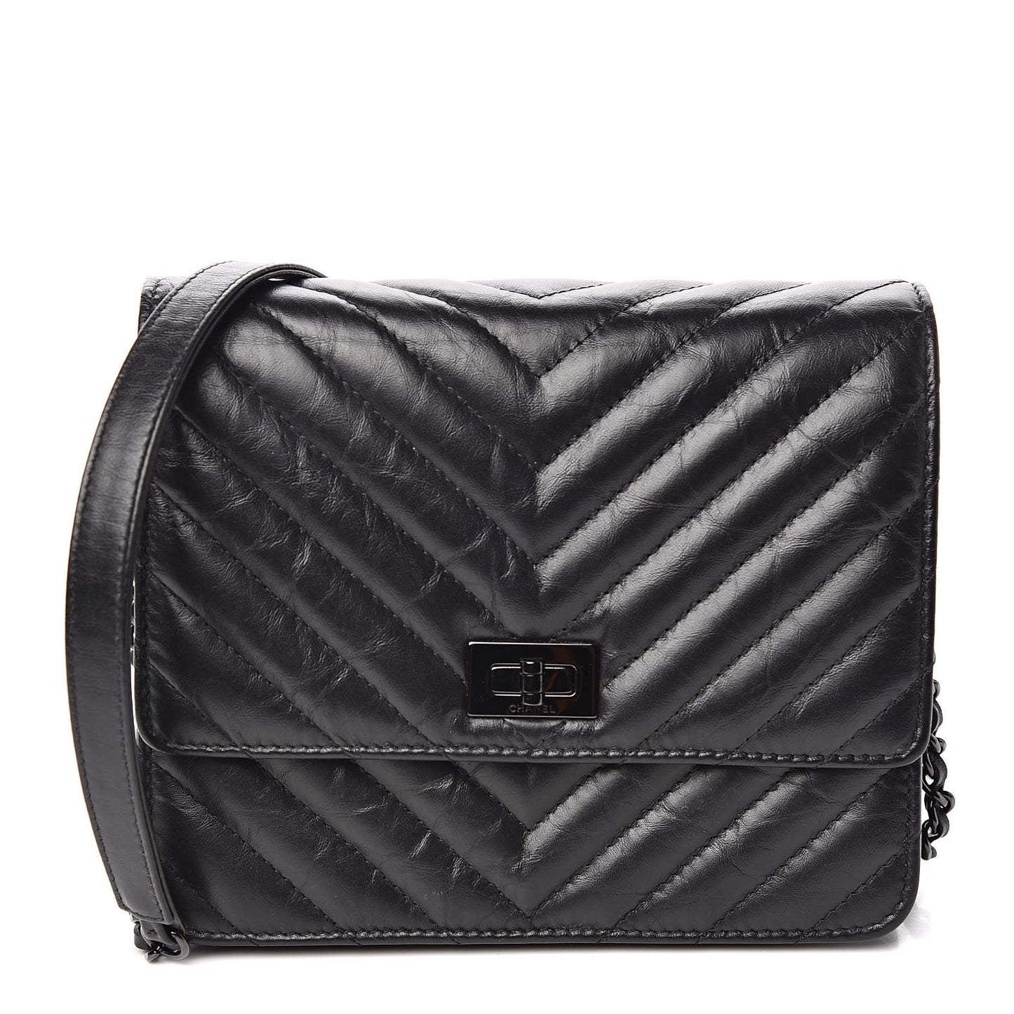 Aged Calfskin Chevron Quilted Reissue 2.55 Square Wallet On Chain WOC So Black