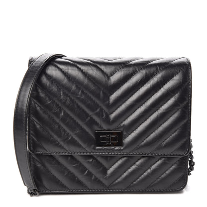Chanel Aged Calfskin Chevron Quilted Reissue 2.55 Square Wallet On Chain WOC So Black 1 of 12