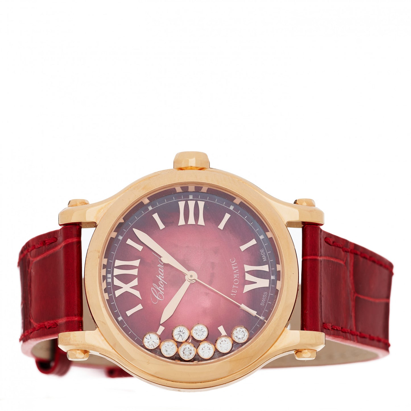 18K Rose Gold Alligator 8 Diamond 33mm Happy Sport Automatic Watch Red