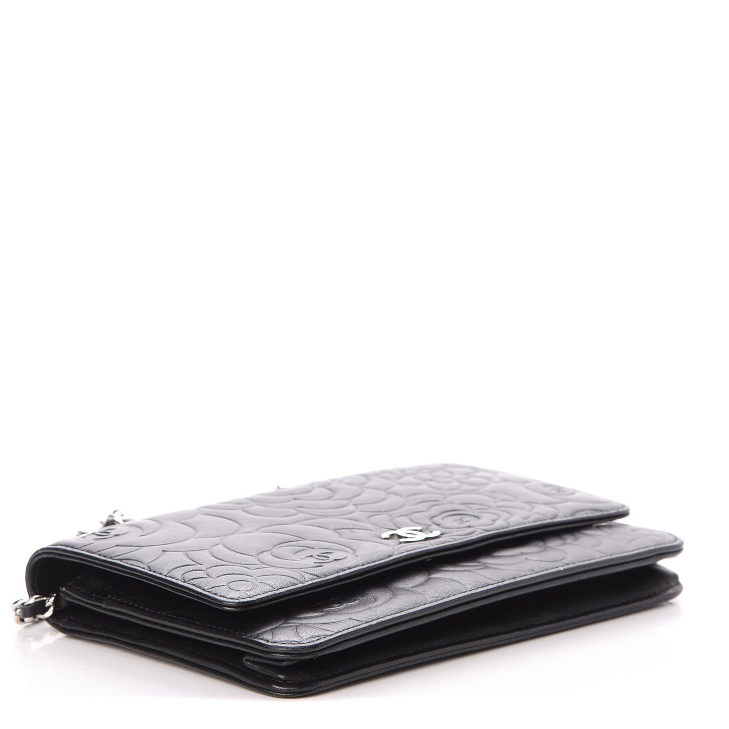 Lambskin Camellia Embossed Wallet On Chain WOC Black