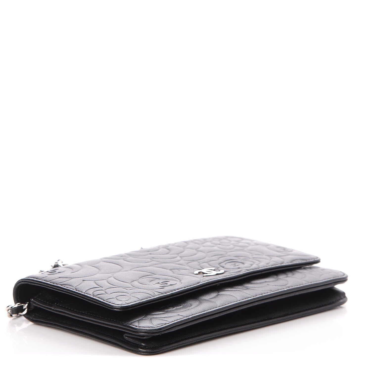 Chanel Lambskin Camellia Embossed Wallet On Chain WOC Black 4 of 12