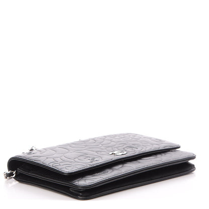 Chanel Lambskin Camellia Embossed Wallet On Chain WOC Black 4 of 12