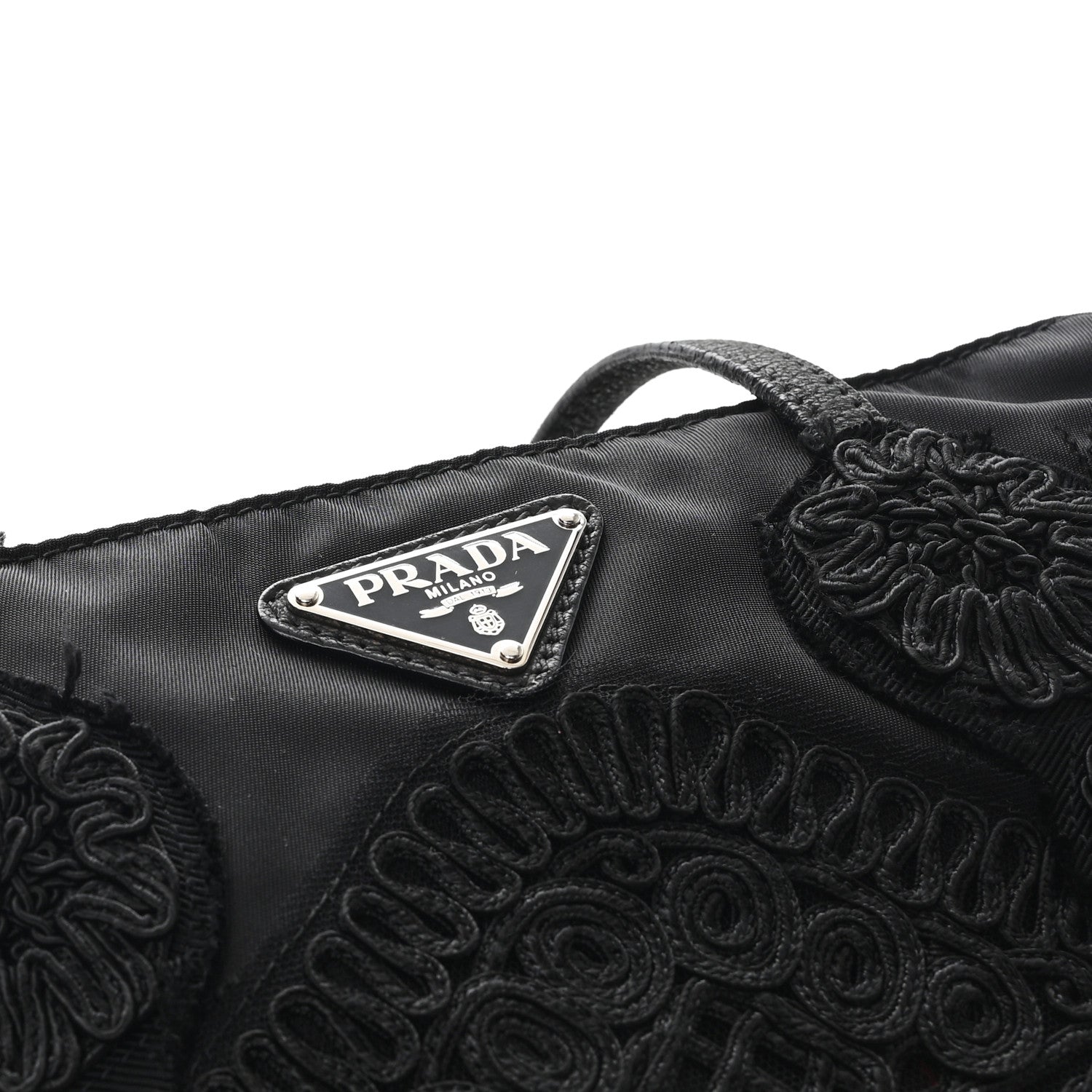 Prada Tessuto Nylon Passama Embroidered Rose Print Tote Black 10 of 10