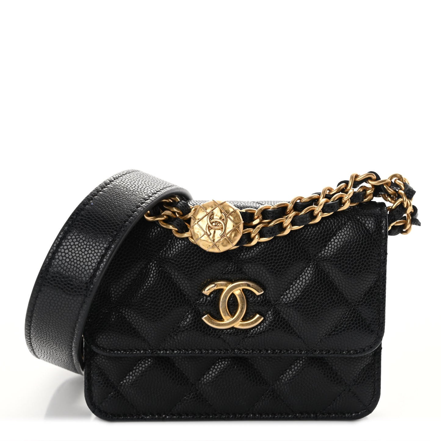 Caviar Quilted Twist Your Buttons Coin Purse With Chain Black