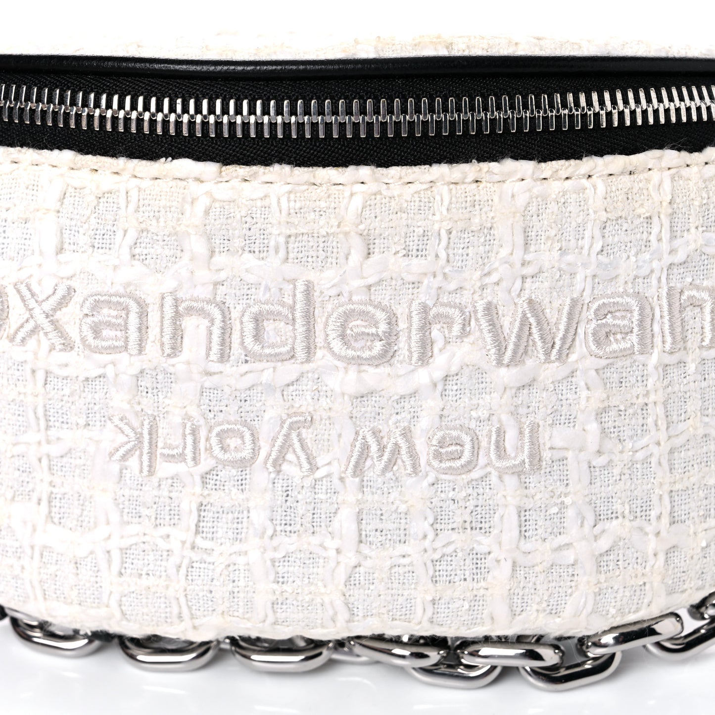 Patent Tweed Chain Embellished Attica Belt Bag White