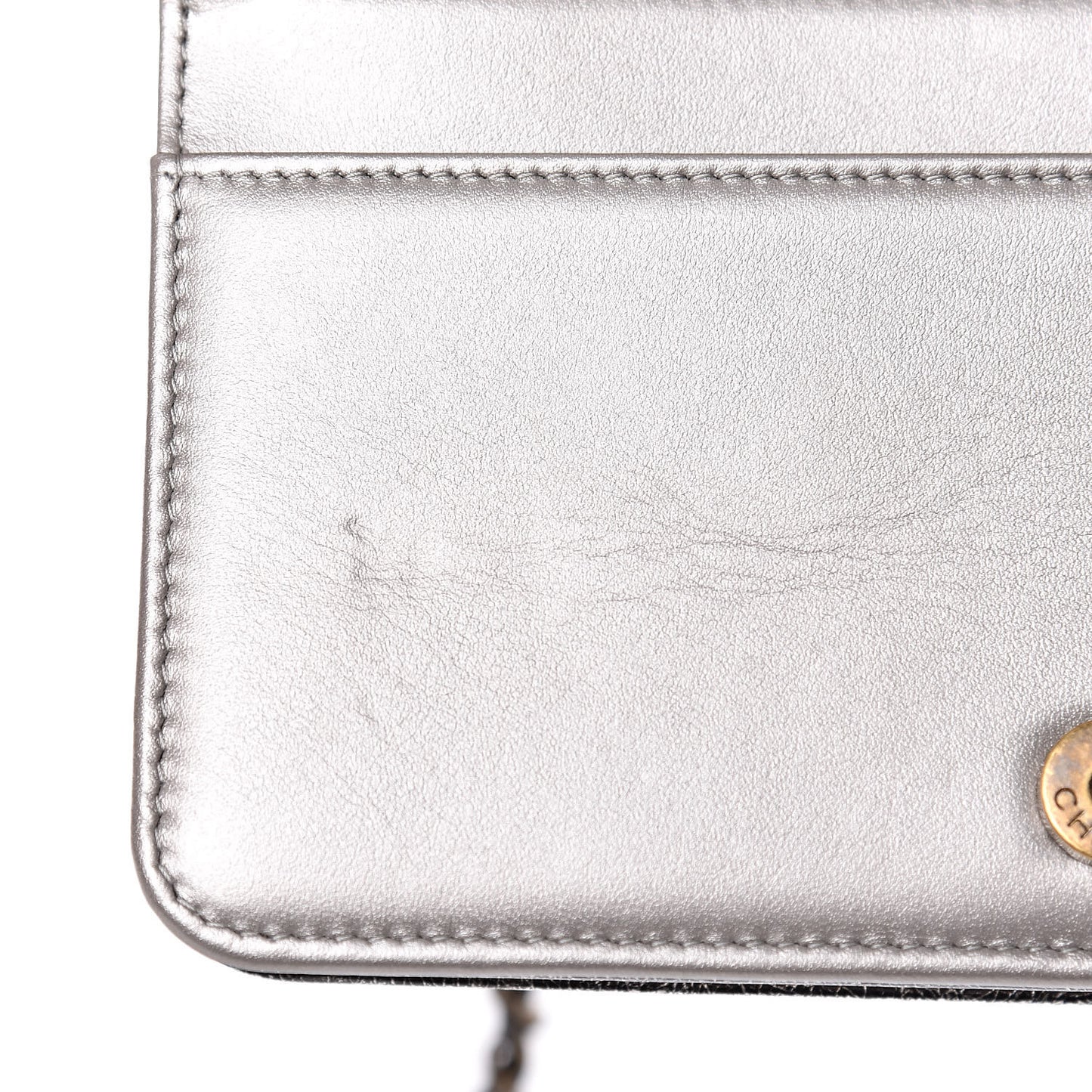 Cracked Metallic Calfskin Quilted Boy Wallet On Chain WOC Dark Silver