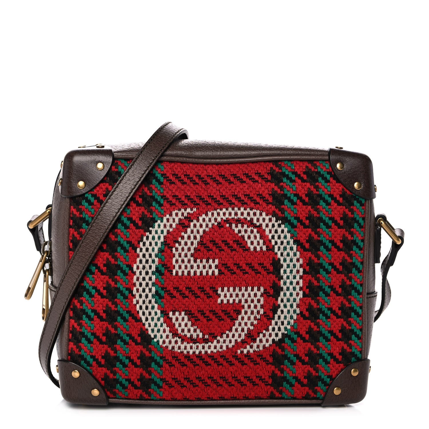 Gucci Cotton Wool Textured Calfskin Houndstooth Woven Square Messenger Bag Red Green Ivory Multicolor New Acero 1 of 13