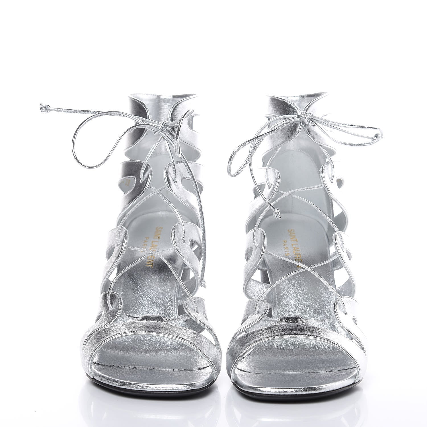 Saint Laurent Metallic Nappa Silk Babes 90 Lace Up Sandals 39 Argento 2 of 8