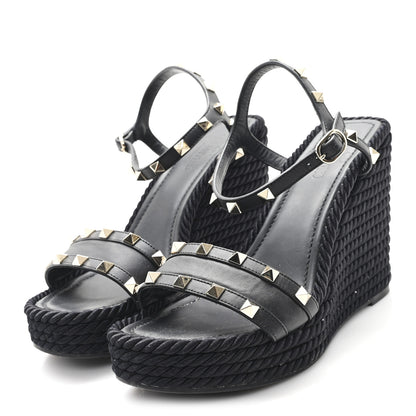 Valentino Garavani Calfskin Rockstud Ankle Strap Torchon Espadrille Caged 25/95mm Wedge Sandals 39 Black 4 of 9