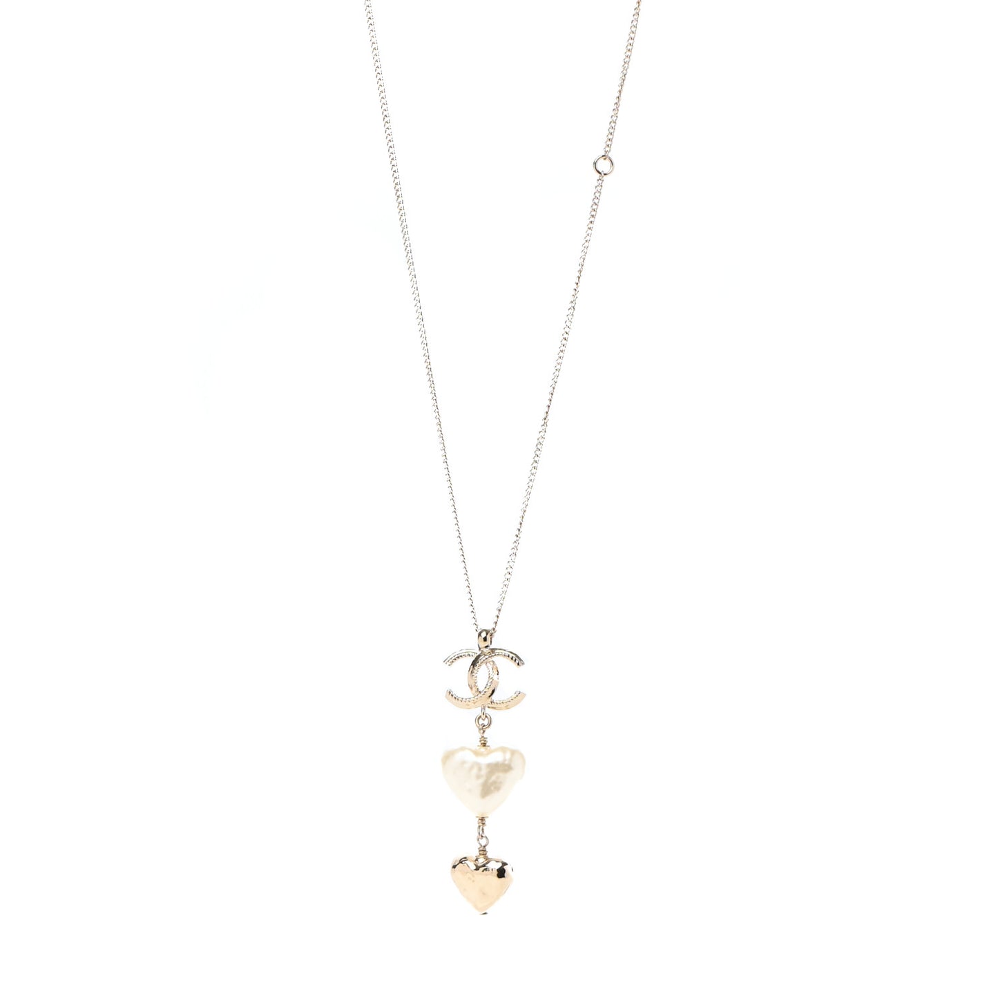 Pearl CC Double Heart Drop Necklace Pearly White Gold