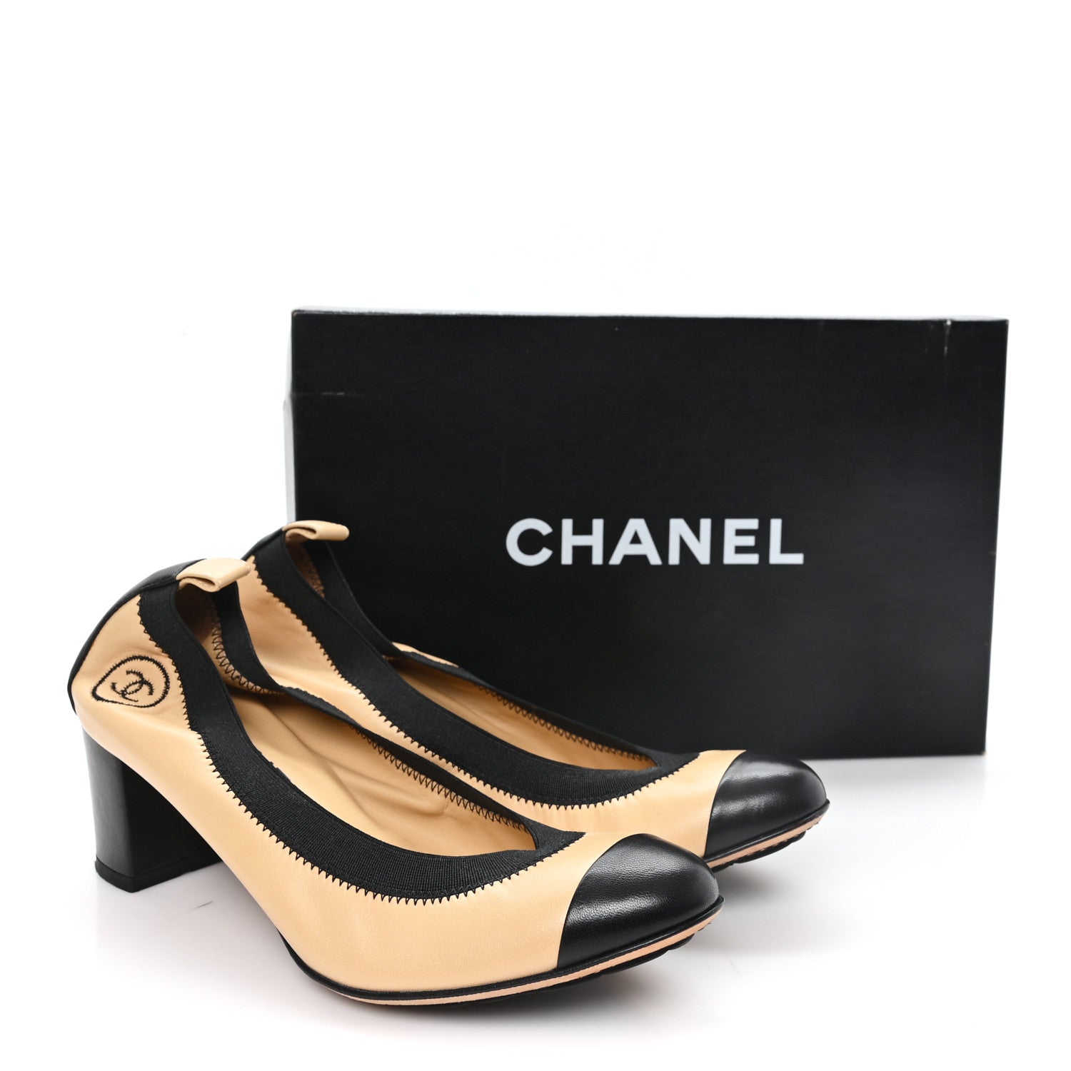 Chanel Lambskin CC Elastic Stretch Pumps 38 Beige Black 10 of 10