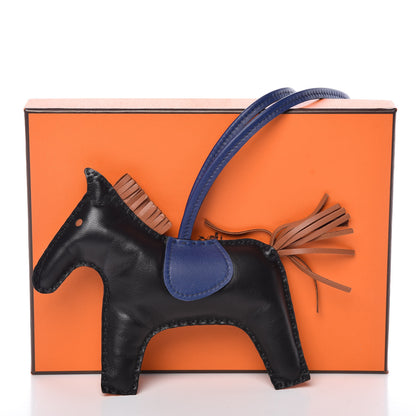 Hermes Milo Lambskin Grigri Rodeo Horse Bag Charm GM Black Bleu Saphir Gold 5 of 5