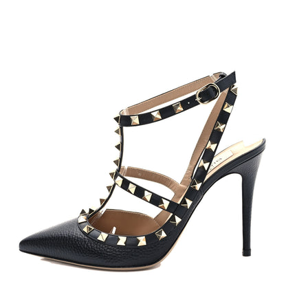 Valentino Garavani Pebbled Calfskin Rockstud Ankle Strap 100mm Pumps 38.5 Black 1 of 7