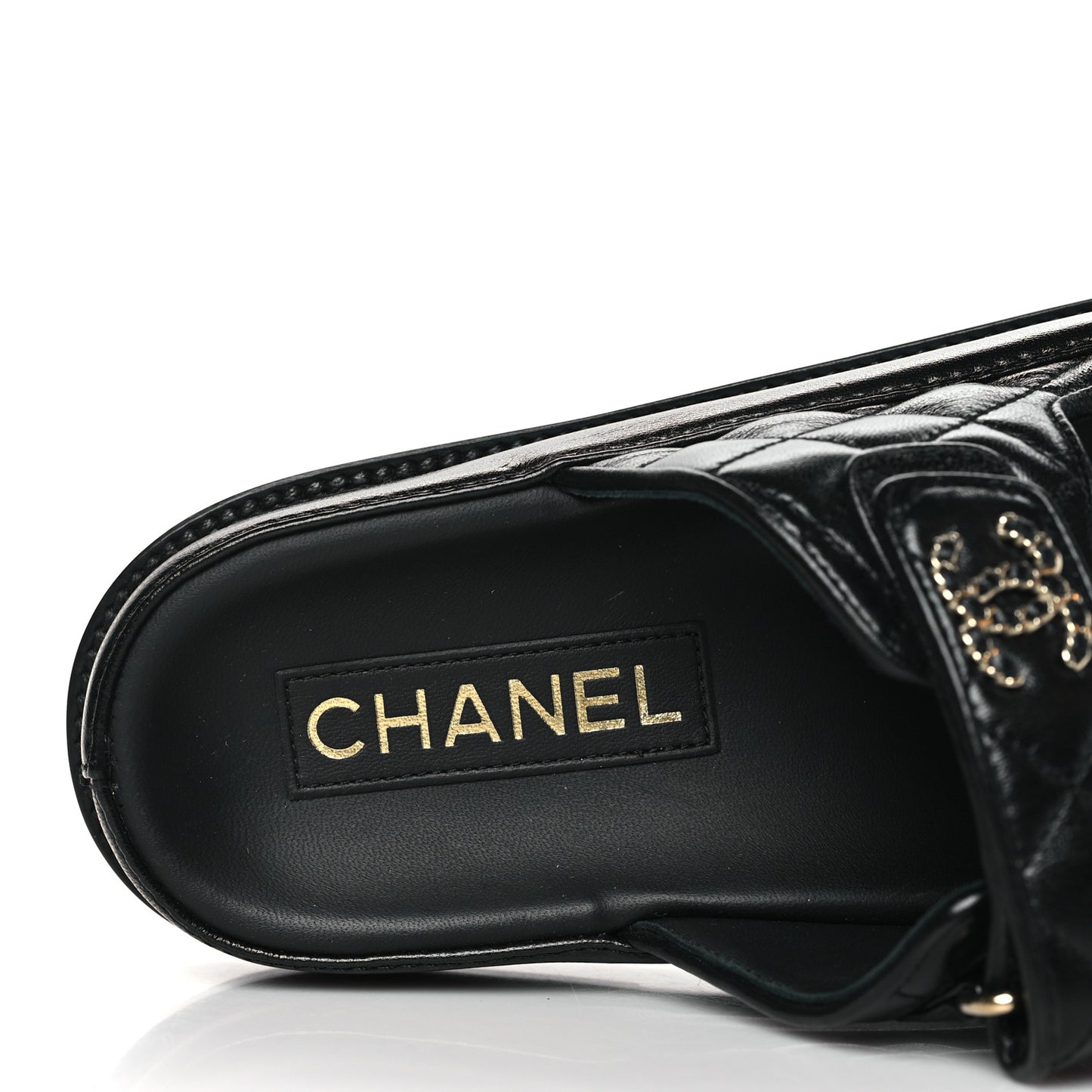 Lambskin Quilted Velcro Dad Chain CC Slide Sandals 38 Black