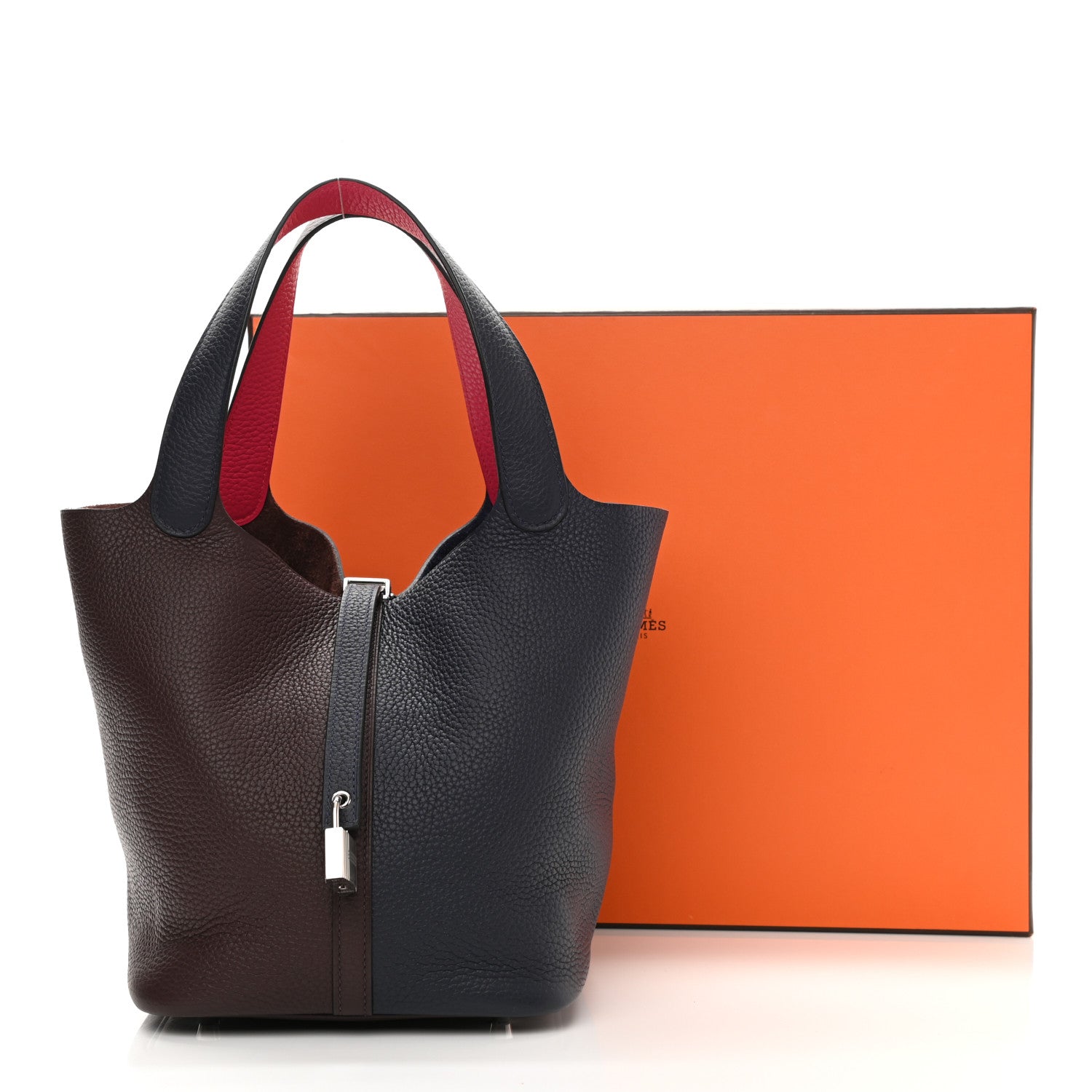 Hermes Taurillon Clemence Casaque Picotin Lock 22 MM Bleu Nuit Framboise Rouge Sellier 11 of 11