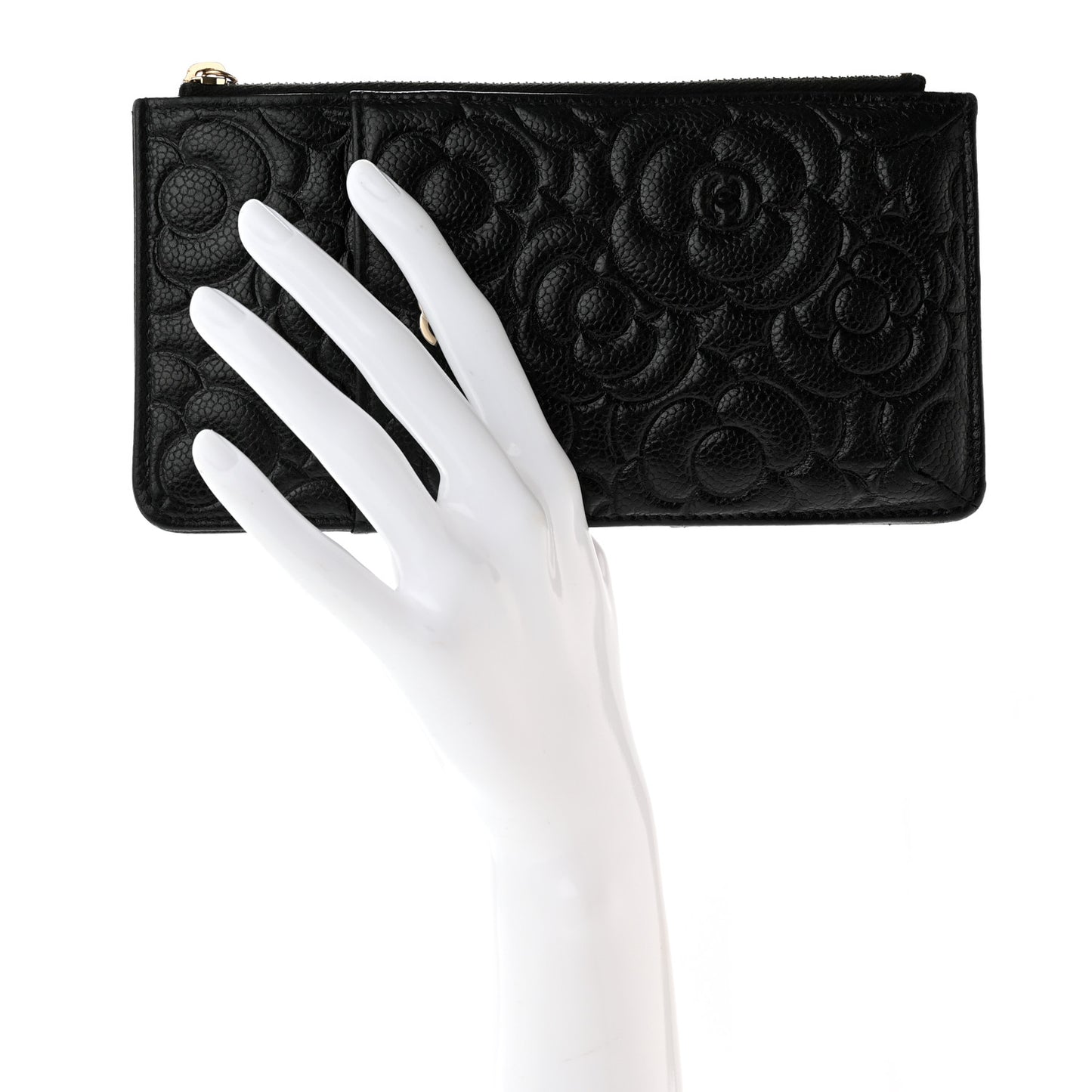 Caviar Camellia Embossed Classic Flat Wallet Pouch Black