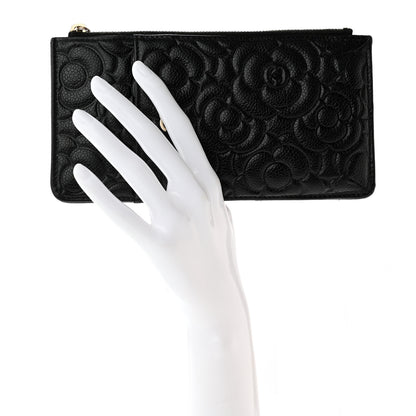 Chanel Caviar Camellia Embossed Classic Flat Wallet Pouch Black 2 of 12