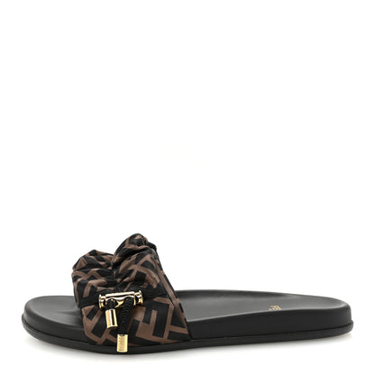 Fendi Satin FF Fendi Feel Slide Sandals 38 Tobacco Black 1 of 8