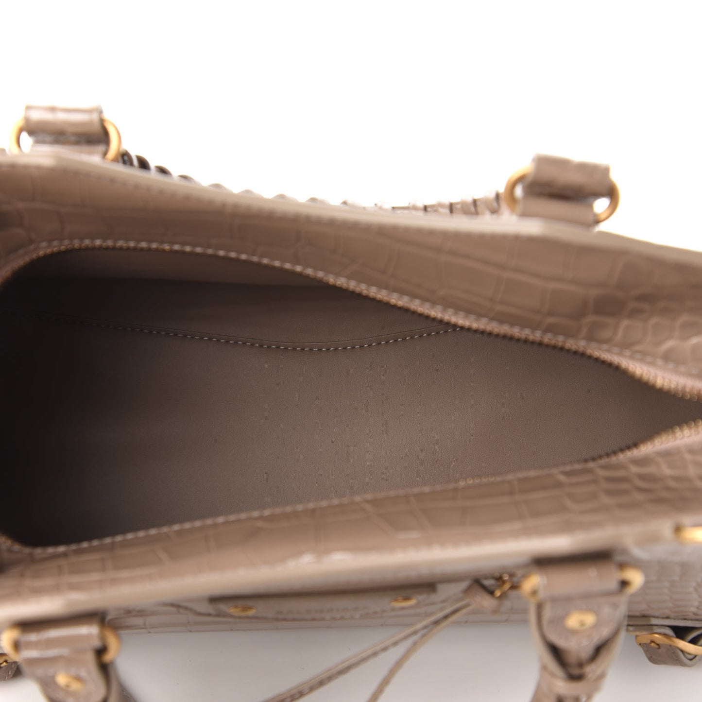 Shiny Supple Calfskin Crocodile Embossed Neo Classic Gold Hardware S City Mink Grey