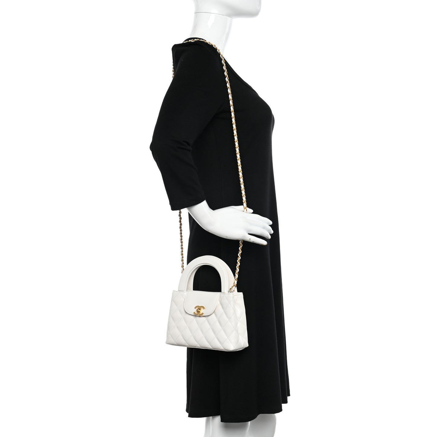 Shiny Aged Calfskin Quilted Nano Kelly Shopper White