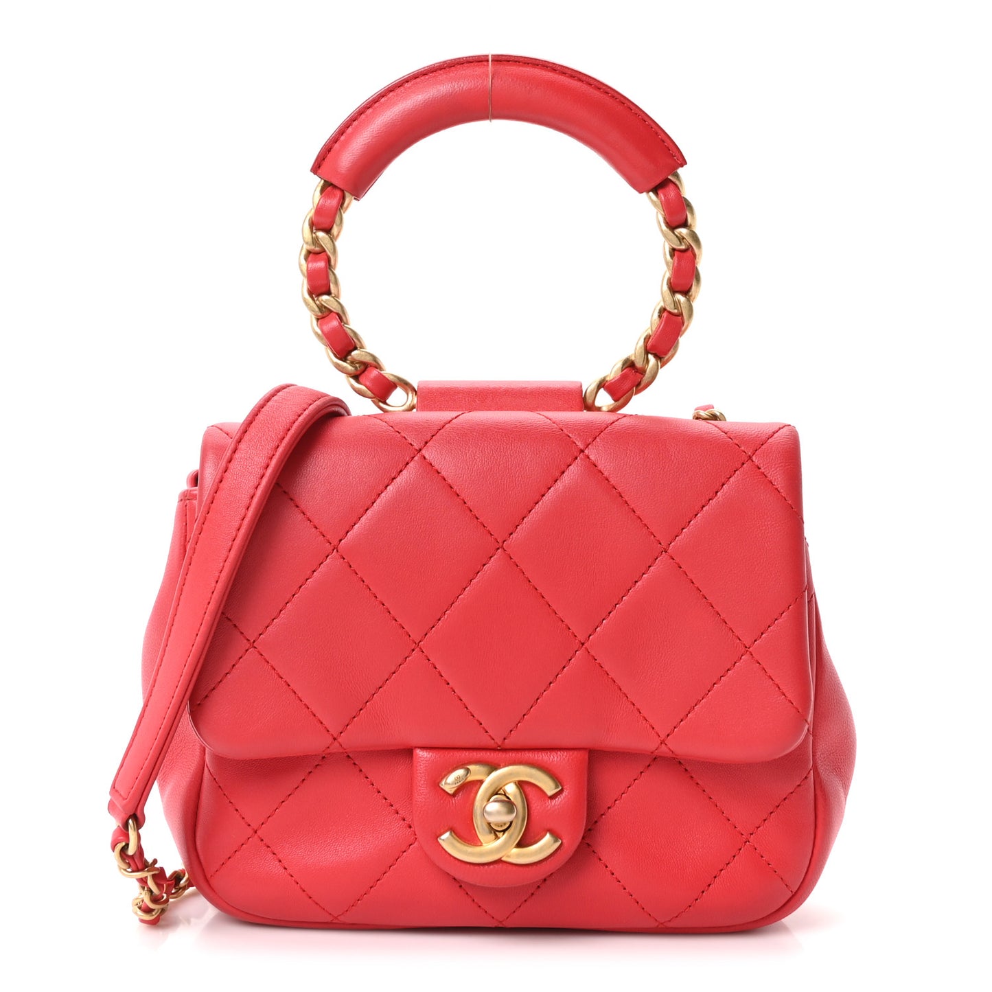 Lambskin Quilted Small Circular Handle Bag Brilliant Rouge