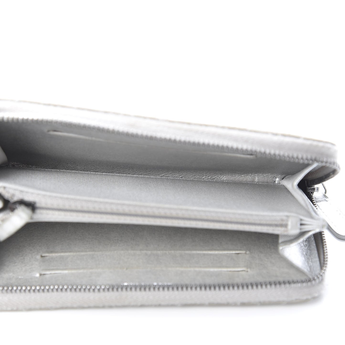 Metallic Lambskin Chevron Quilted Small Zip Around Wallet Silver