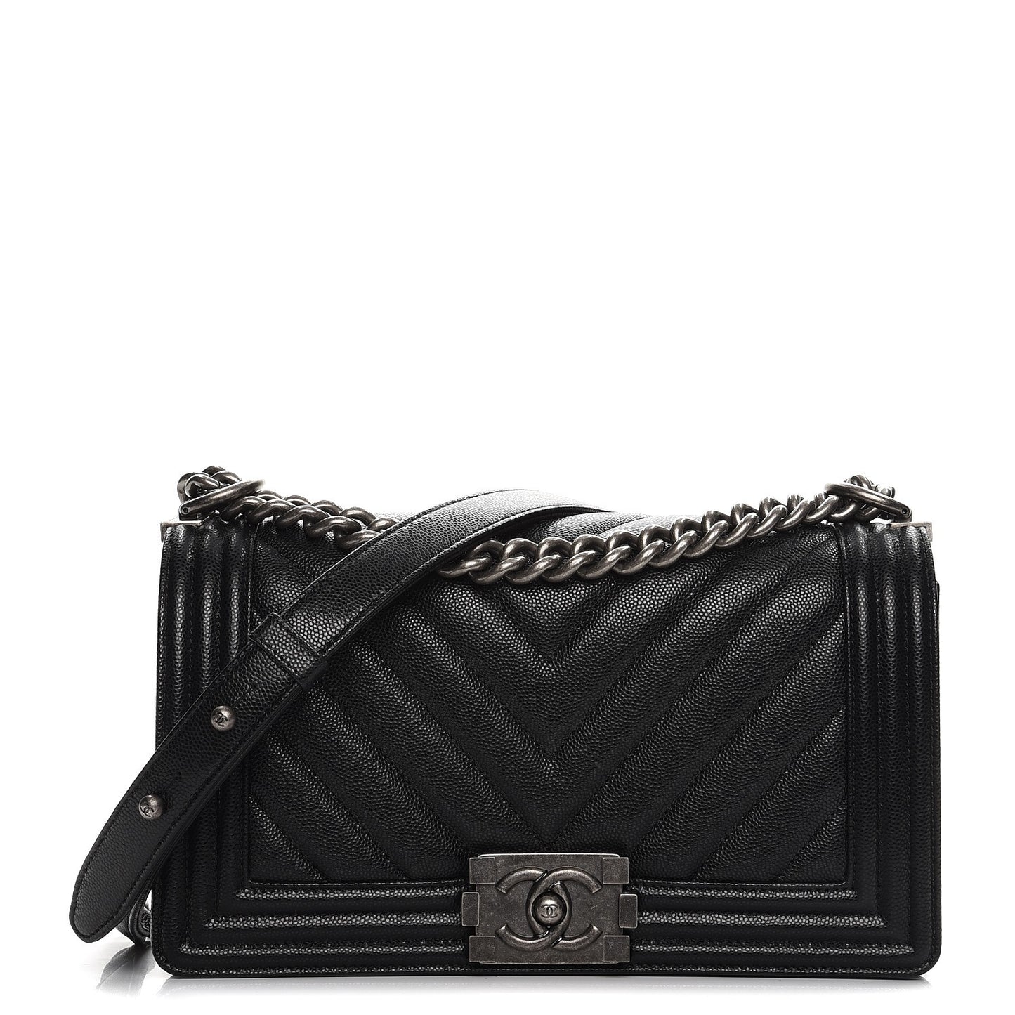 Caviar Chevron Quilted Medium Boy Flap Black