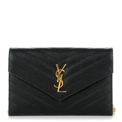 Saint Laurent Grain De Poudre Matelasse Chevron Monogram Chain Wallet Black 1 of 7