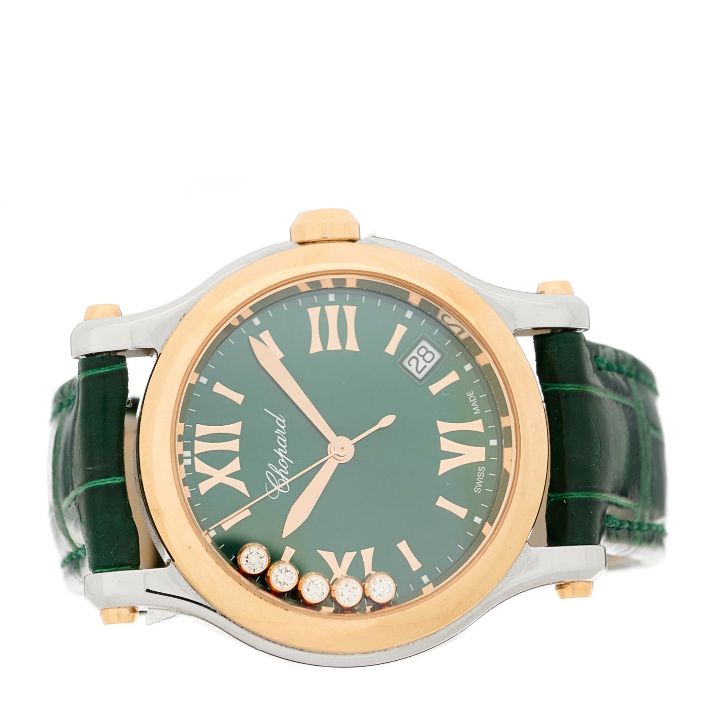 Stainless Steel 18K Rose Gold Alligator 5 Diamond 36mm Happy Sport Quartz Watch Green