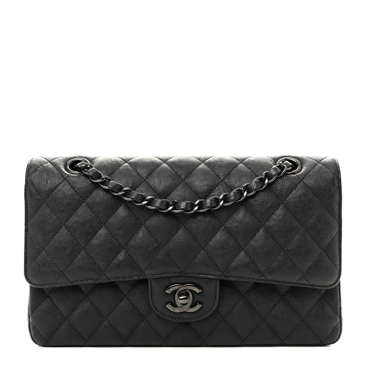 Crumpled Calfskin Quilted Medium Double Flap So Black