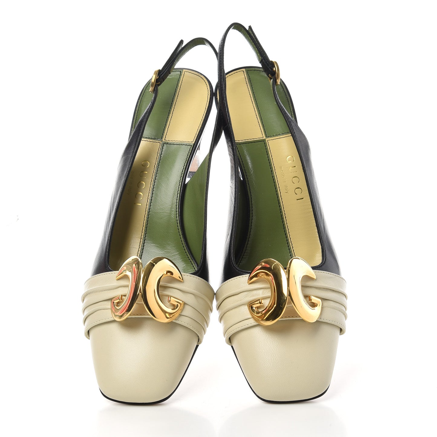 Malaga Kid Half Moon GG Square Toe Slingback Pumps 36 Black Vintage White