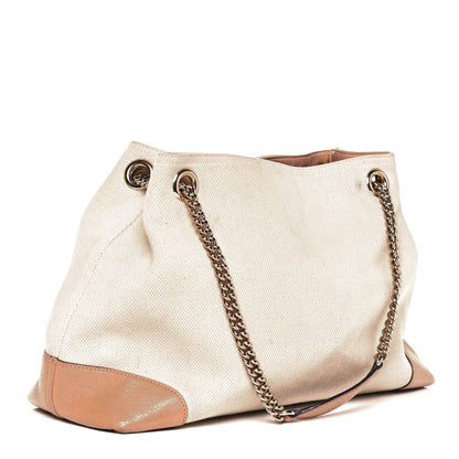 Gucci Linen Canvas Pebbled Calfskin Medium Soho Chain Shoulder Bag White Camelia 3 of 10