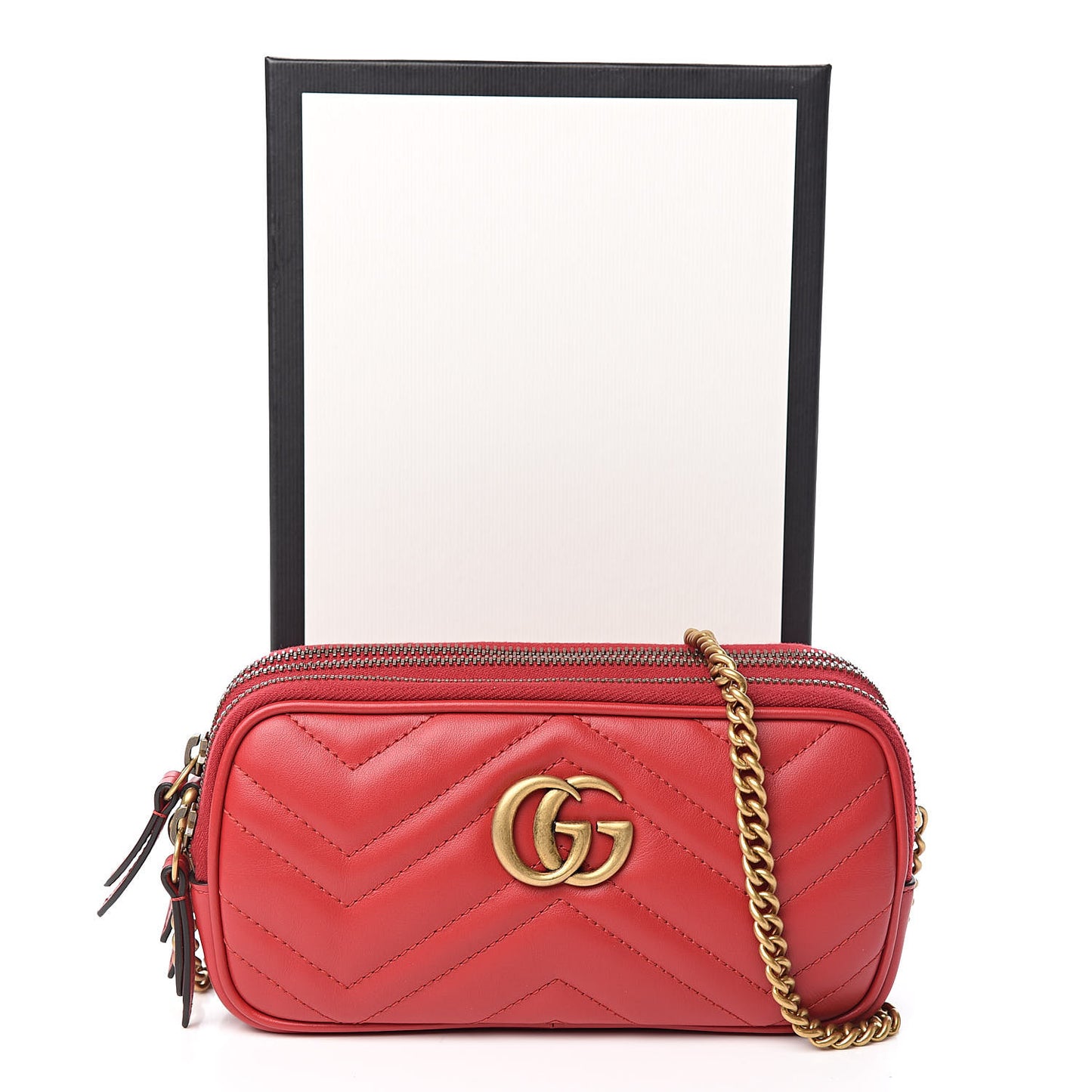 Calfskin Matelasse Mini GG Marmont Chain Crossbody Bag Hibiscus Red