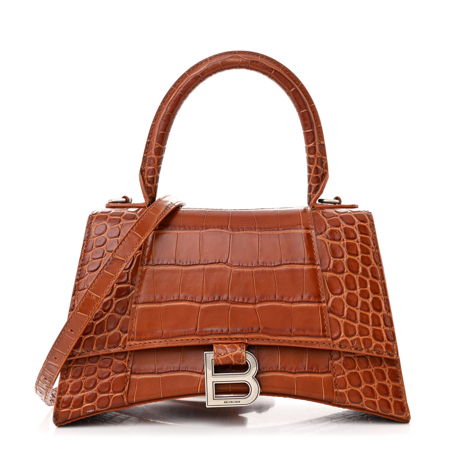 Balenciaga Shiny Calfskin Crocodile Embossed Small Hourglass Top Handle Bag Camel 1 of 13