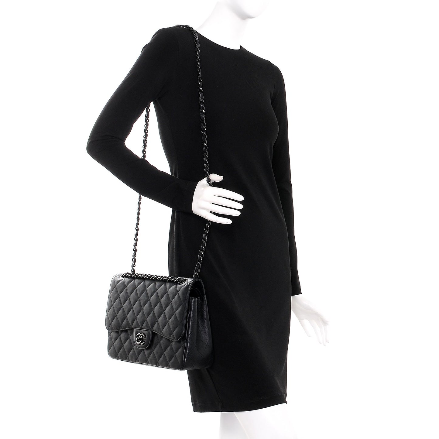 Crumpled Calfskin Quilted Jumbo Double Flap So Black