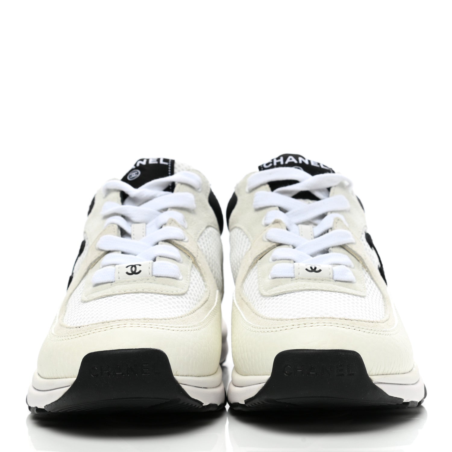 Chanel Mesh Suede Calfskin Grained Calfskin Womens CC Sneakers 37 White Black 2 of 8