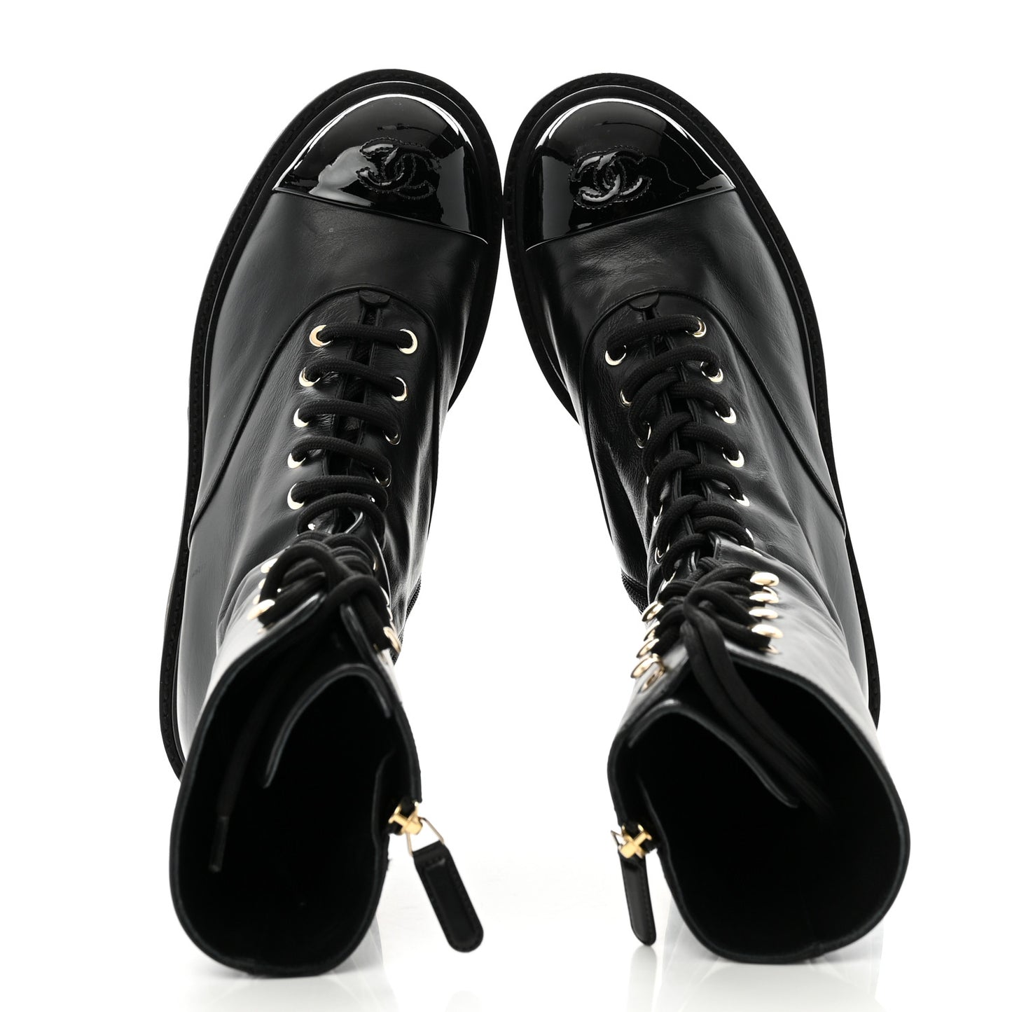 Crumpled Calfskin Patent Cap Toe Lace Up Combat Boots 39.5 Black